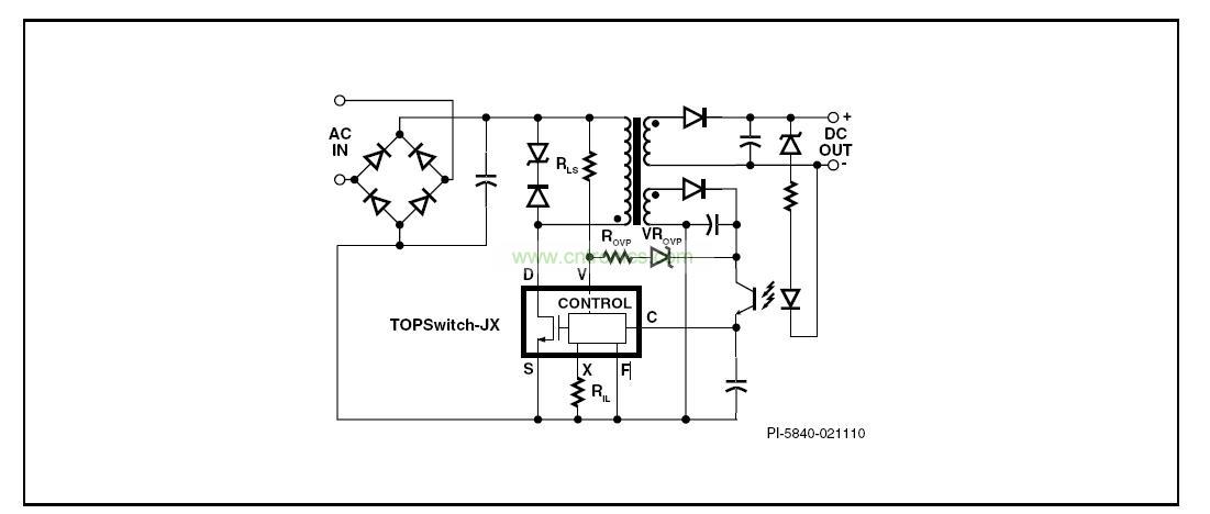 圖 1. 具有初級檢測的輸出過壓保護、輸入欠壓鎖存、輸入過壓關(guān)斷及可設(shè)定流限值功能的典型TOPSwitch-JX反激式電源