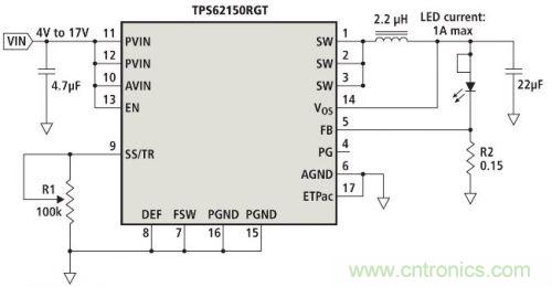 電位計(jì)R1實(shí)現(xiàn)的模擬亮度調(diào)節(jié)LED驅(qū)動器