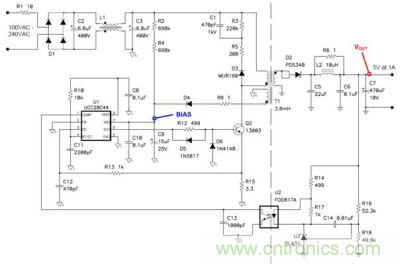 移動設備充電器所使用的一個5V/5W非連續(xù)反向電源的原理圖
