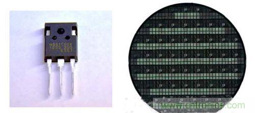 試制的TO247封裝GaN器件（左）以及形成有GaN器件的6英寸硅晶圓（右）