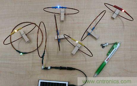 用來驗(yàn)證&ldquo;直流共振方式&rdquo;的試制系統(tǒng)。在線圈間傳輸電力，點(diǎn)亮LED