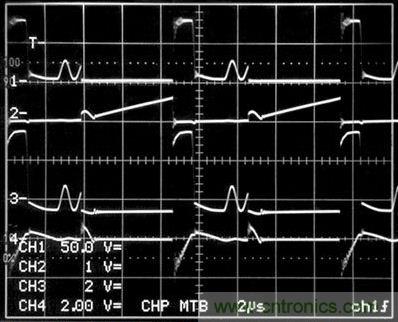 圖1電路所示的開關(guān)波形。（通道1是T1（即引腳12）的初級開關(guān)電壓；2號通道是進(jìn)入Q1漏極的初級開關(guān)電路（10A/格）；通道3是T1（即引腳2）的次級開關(guān)電壓（200V/格）；4號通道是R3兩端的電壓）