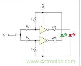 在雙門構(gòu)成的CMOS/TTL兼容探頭中，R1至R4電阻網(wǎng)絡(luò)對反相器輸入端做偏置