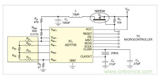圖1：測(cè)量電路測(cè)三個(gè)點(diǎn)的值，微控制器就可以計(jì)算出傳感器值