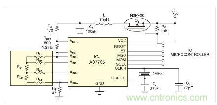 圖1：測量電路測三個點的值，微控制器就可以計算出傳感器值。
