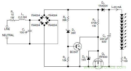 圖2：斬波工作類似圖1中的電路，但以較大的LED串聯(lián)電阻代替了恒流源，提供限流功能