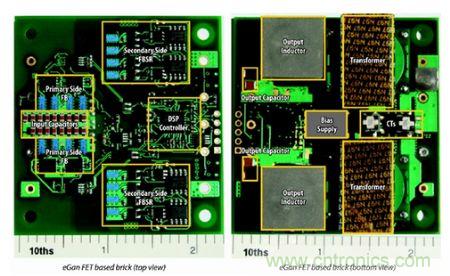 圖6：采用eGaN FET設(shè)計(jì)的48V至53V半磚PSE轉(zhuǎn)換器的頂視圖和底視圖(單位為英寸)。