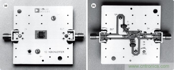 圖14. AD8001AR評估板&mdash;俯視圖(a)和仰視圖(b)。