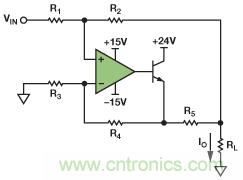 圖1. 改進(jìn)型Howland電流源驅(qū)動接地負(fù)載。