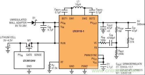 圖7：LTC3115-1與LTC4412HV相結(jié)合，以獲得由單節(jié)鋰離子電池和未穩(wěn)壓交流適配器提供的雙輸入5V電源