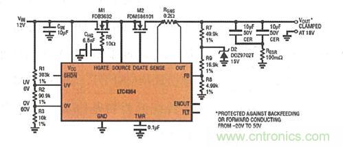 圖8：LTC4364 提供了針對(duì)過(guò)壓、短路或反向電壓的內(nèi)置輸出端口保護(hù)功能