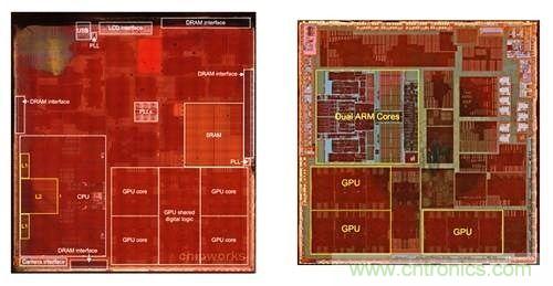 A7處理器(左)的電路布線(xiàn)與A6大不相同