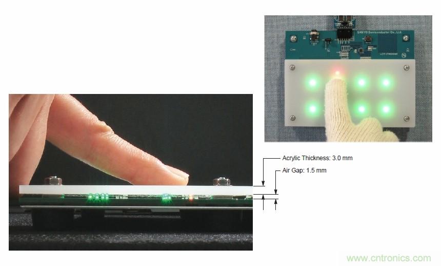 圖7. 安森美半導(dǎo)體電容式觸摸傳感器具有高度靈敏度，支持戴手套觸摸，支持含氣隙應(yīng)用