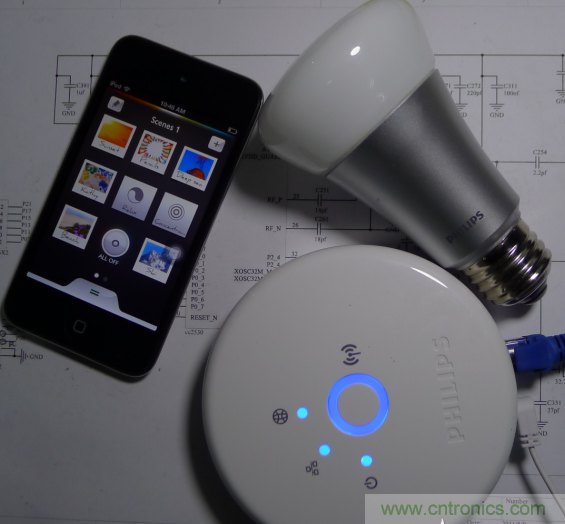 三個(gè)組合（控制盒、Hue 燈泡、iOS 的 APP）