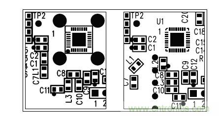  圖中所示為兩種不同的PCB布局，其中一種布局的元件排列方向不合理（L1和L3），另一種的方向排列則更為合適。