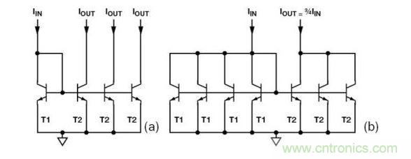 （a） 多級(jí)電流鏡 （b） 非整數(shù)比例電流鏡可將3個(gè)T2集電極結(jié)合起來，得到3IIN