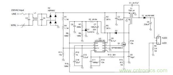 該拓?fù)洳粌H可提供良好功率因數(shù)，而且還符合EN61000-3-2C類標(biāo)準(zhǔn)
