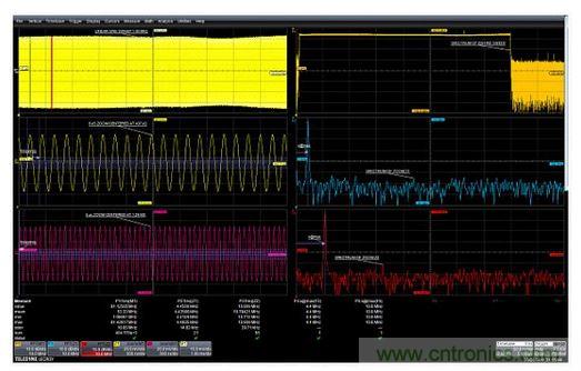 使用縮放功能選通FFT的例子。在437&mu;s和1.42ms處采集的兩個5&mu;s縮放波形顯示了作為時間函數的頻率的差別。