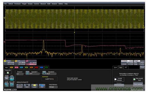 紅色曲線F2(中心)顯示了掃頻正弦波FFT中的每個頻率的峰值或最大值。曲線F1(底部)是沒有應用最高或最大值的FFT。F2描述符盒子顯示了最高功能的設置