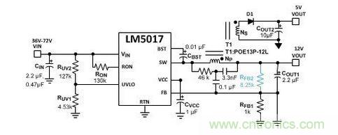基于 LM5017 的 Fly-Buck 轉(zhuǎn)換器電路，沒(méi)有基于光耦合器的穩(wěn)壓電路