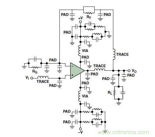 典型的運(yùn)算放大器電路，(a)原設(shè)計(jì)圖，(b)考慮寄生效應(yīng)后的圖