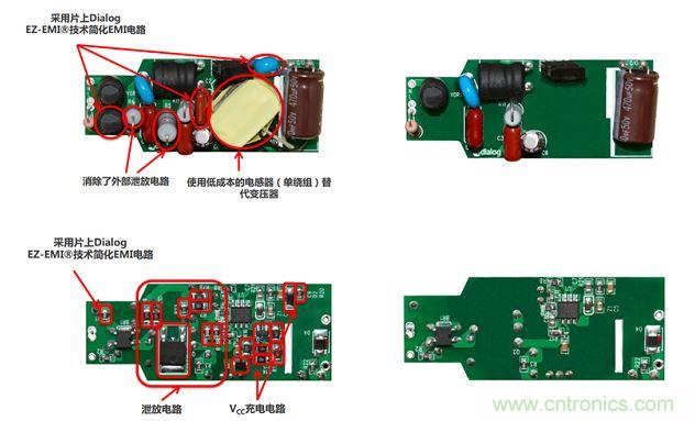 iW3688消除了20 多個(gè)外部元器件，降低BOM成本達(dá)20%~25%（左右分別為方案對(duì)比，上下為PCB正反面）