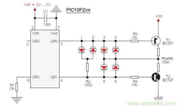 測試選擇PIC10F200，固件以兩個(gè)獨(dú)立、簡單的匯編程序源代碼的方式提供。