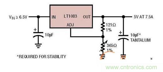 集成型線性穩(wěn)壓器實(shí)例：只有3個(gè)引腳的7.5A線性穩(wěn)壓器。