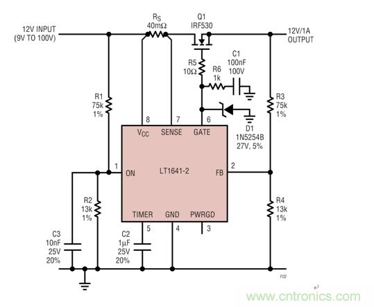 過壓瞬態(tài)保護(hù)器將輸出箝位在24V左右，如果輸入降至低于9V就斷接