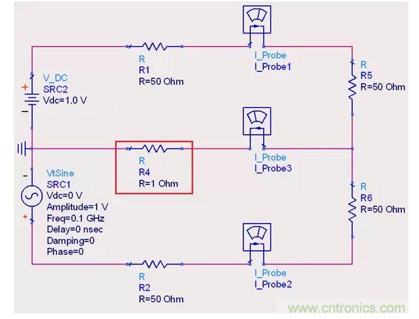 【導(dǎo)讀】說實(shí)話，這個問題也對高速先生造成了困擾。一直都會有人問回流的交疊是否會造成信號之間的干擾，比如平面的上下走線重疊，回流路徑一樣時。通常會有這么幾種回答！  1.趨膚效應(yīng)導(dǎo)致電流并沒有相交；  但是在1.2mil的銅厚的情況下，10MHz以上的信號才會出現(xiàn)明顯的趨膚效應(yīng)。看來這個解釋并不合理。  2.信號在介質(zhì)中傳遞，電磁場的耦合才會造成串?dāng)_；  這個說法沒錯，但是還是不能解開心中對電流走在同一條路徑上時，會不會造成相互之間干擾的問題。  讓我們來做以下實(shí)驗(yàn)，搭建一個拓?fù)淙鐖D1所示： 1 圖1  環(huán)路1由一個DC1.0V供電，表示我們的受干擾線，電流表1測量路徑1上的電流。  環(huán)路2由一個100MHz的AC1.0V供電，表示我們的干擾源，電流表2測量路徑2上的電流。  電流表3測量回流路徑上的電流。  這樣一個結(jié)構(gòu)，得到的結(jié)果是如何呢？如圖2所示： 2 圖2  可以看到，我們的被干擾源就是一個干凈的直線，雖然環(huán)路1和環(huán)路2在回流路徑上電流交疊，但是他們相互之間并不影響。其實(shí)這不就是基爾霍夫定律嗎。  有人會試圖從電磁場的角度來否定基爾霍夫定律在這里的正確性，&ldquo;回流路徑也會產(chǎn)生電磁場，這些電磁場會與其他的回流路徑相互影響&rdquo;。但事實(shí)上是，回流路徑與回流路徑之間是沒有耦合途徑的，他們在同一個平面上，沒有容性耦合，也沒有感性耦合。  那么是否回流就不會影響我們的信號質(zhì)量了呢？當(dāng)然是會影響的。  其實(shí)在圖1的實(shí)驗(yàn)中，筆者討了個巧，將地平面各個短路點(diǎn)之間的阻抗當(dāng)成了0，但實(shí)際上，地平面的各個不同的點(diǎn)之間是有轉(zhuǎn)移阻抗的。讓我們模擬實(shí)際情況再看看圖3： 3 圖3  這時候我們假設(shè)我們的地平面是有1&Omega;電阻的。（當(dāng)然這是為了實(shí)驗(yàn)效果，實(shí)際上地平面阻抗并不會有這么大），結(jié)果如圖4： 4 圖4  是的，干擾出現(xiàn)了。這個干擾并不是來自于回流路徑之間的電流耦合，而是來自于我們地平面本身由于有轉(zhuǎn)移阻抗的存在，導(dǎo)致回流流經(jīng)地平面時，造成地平面并不是一個完美的0電平。  回流就是這樣干擾我們的信號的，也就是我們所說的地彈。