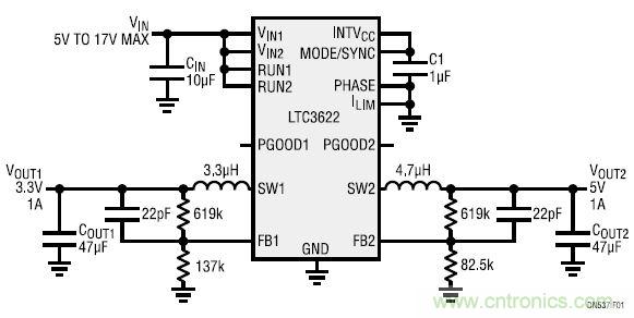 17V輸入、雙路1A輸出的同步降壓型穩(wěn)壓器