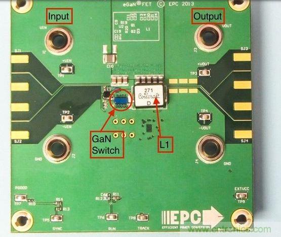 演示板用于顯示GaN的EMI。該GaN組件被圈定，我會(huì)在L1左側(cè)測(cè)量切換的波形。