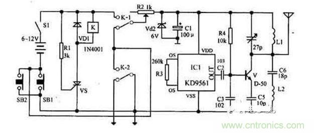 【導(dǎo)讀】隨著環(huán)保意識的增強(qiáng)，電動車已大量進(jìn)入我們家庭，成為部分人必不可少的交通工具。如何防止電動車被盜則是車主十分關(guān)心的問題，為此，出現(xiàn)了各類電動車防盜鎖。除此之外呢？還有什么好的方法防盜呢？我們?yōu)榇蠹医榻B一款電動車防盜報警器電路圖。  各類電動車防盜鎖大量涌出，但是，電動車被盜現(xiàn)象仍層出不窮，較高級的電動車防盜鎖在短時間內(nèi)難以破壞，盜賊便將電動車搬上其它車輛上盜走，這樣，再高級的防盜鎖也顯得無能為力了。鑒于此，我們?yōu)榇蠹医榻B一款電動車防盜報警器電路圖。 1 報警器發(fā)射機(jī)部分是由繼電器K和可控硅VS用來控制發(fā)射機(jī)電路的電源。IC1組成警聲信號電路。晶體管V及其外圍元件組成射頻振蕩電路，發(fā)射報警信號。  在等待狀態(tài)時，開關(guān)S1接通，而SB1斷開（即車頭鎖被鎖住），K就處在釋放狀態(tài)，報警發(fā)射機(jī)不工作。當(dāng)車頭鎖被打開時（即SB1接通），VS被觸發(fā)導(dǎo)通，K吸合，接通發(fā)射機(jī)電源。SB1接通后，K-2的常開點將其自鎖，此時只有斷開S1報警方能結(jié)束。在K動作時，其常閉觸點K-l斷開，切斷發(fā)動機(jī)點火電路。  接收機(jī)電路由TDA7010和開關(guān)功放TWH8778、TWH68組成。當(dāng)IC2 收到報警信號時其互腳的高電平通過IC3經(jīng)IC4放大由TWH15放出報警聲。但要考慮到頻率的穩(wěn)定性，因為7010自身沒有頻率穩(wěn)定電路，在工作時要多作檢測，最好用印制板和貼片元件。  按上述操作方法停放車輛后，報警器即進(jìn)入待報警狀態(tài)。在待報警期間，只要有人無論用什么方法打開車頭鎖或搬移車輛，都將觸發(fā)報警器報警不停，并切斷發(fā)動機(jī)電源使車輛無法起動，直至車主人趕來將點火鑰匙插入點火鎖內(nèi)轉(zhuǎn)到關(guān)的位置，報警才能解除。