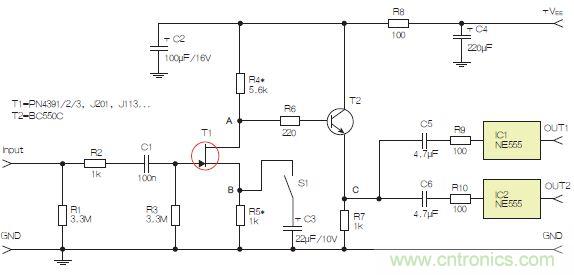 圖3：采用兩個工作在不同頻率下的555定時器電路，以獲取不同的音效。
