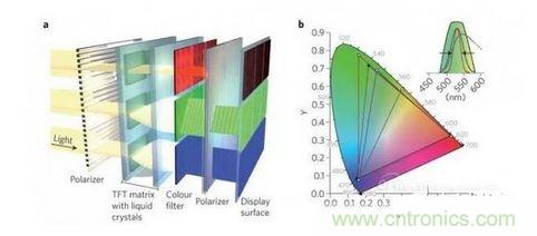  LCD顯示器示意圖。TFT表示薄膜晶體管（thin-film transistor）。