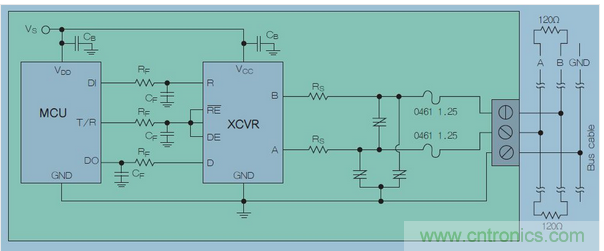 在高暴露環(huán)境中的RS-485總線的電路保護(hù)示意圖中，上圖類似&ldquo;Z&rdquo;字形的符號(hào)可代表多種過壓保護(hù)解決方案，包括Q2L系列SIDACtor保護(hù)晶閘管(圖7)。