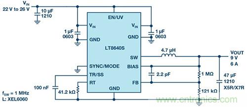 42 V、6 A（峰值7 A）、超低EMI輻射、高效率降壓型穩(wěn)壓器