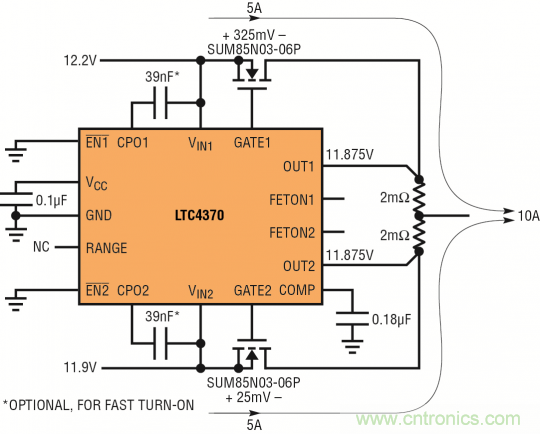 針對三個或四個電源的簡易平衡負載均分，即使電源電壓不等也絲毫不受影響