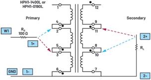   材料  ? ADALM2000主動學(xué)習(xí)模塊 ? 無焊試驗(yàn)板和跳線套件 ? 一臺HPH1-1400L 6繞組變壓器 ? 一臺HPH1-0190L 6繞組變壓器 ? 兩個100 Ω電阻  說明  在無焊試驗(yàn)板上構(gòu)建圖2所示的電路。需要使用此設(shè)置來測量初級/次級匝數(shù)比為1:1的三種不同配置下，兩個變壓器型號各自的頻率響應(yīng)。兩個紅色箭頭表示在初級和次級使用同一個線圈的配置中連接源電阻和負(fù)載電阻的位置。藍(lán)色箭頭對應(yīng)的是在初級和次級使用兩個串聯(lián)線圈的配置。綠色箭頭對應(yīng)的是在初級和次級使用三個串聯(lián)線圈的配置。
