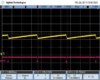  圖9.負(fù)載調(diào)整和折返頻率。隨著負(fù)載增大，頻率會(huì)折返以維持穩(wěn)定的輸出電壓。  在圖9中可以看到，隨著負(fù)載增加，器件頻率會(huì)折返以保持恒定的輸出電壓。器件在DCM下運(yùn)行至約0.28 A，這就是頻率下降到約495 kHz然后又回升至657 kHz的原因。以657 kHz的頻率運(yùn)行時(shí)，器件可以保持正常操作，直至負(fù)載達(dá)到0.7 A。此時(shí)頻率降低以保持適當(dāng)?shù)妮敵鲭妷海敝霖?fù)載達(dá)到1.4 A左右。發(fā)生這種情況時(shí)，器件無(wú)法在保持輸出電壓的同時(shí)將頻率降低到100 kHz以下（該器件指定的最低反饋頻率），因此輸出電壓開(kāi)始下降。  這個(gè)問(wèn)題的解決辦法不像違反最小導(dǎo)通時(shí)間規(guī)范那么簡(jiǎn)單。設(shè)計(jì)人員通常需要滿足特定的輸入電壓和輸出電壓要求，因此無(wú)法隨意更改占空比來(lái)延長(zhǎng)關(guān)斷時(shí)間。如果設(shè)計(jì)人員可以提供更大的輸入電壓，則器件將以設(shè)定的頻率工作，因?yàn)檩^小占空比會(huì)防止器件違反最小關(guān)斷時(shí)間規(guī)范。這一點(diǎn)可以從圖10中看出，其中器件以設(shè)定的2 MHz頻率運(yùn)行。